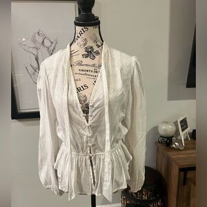 Size medium white blouse with black polka dots and tie neck detail